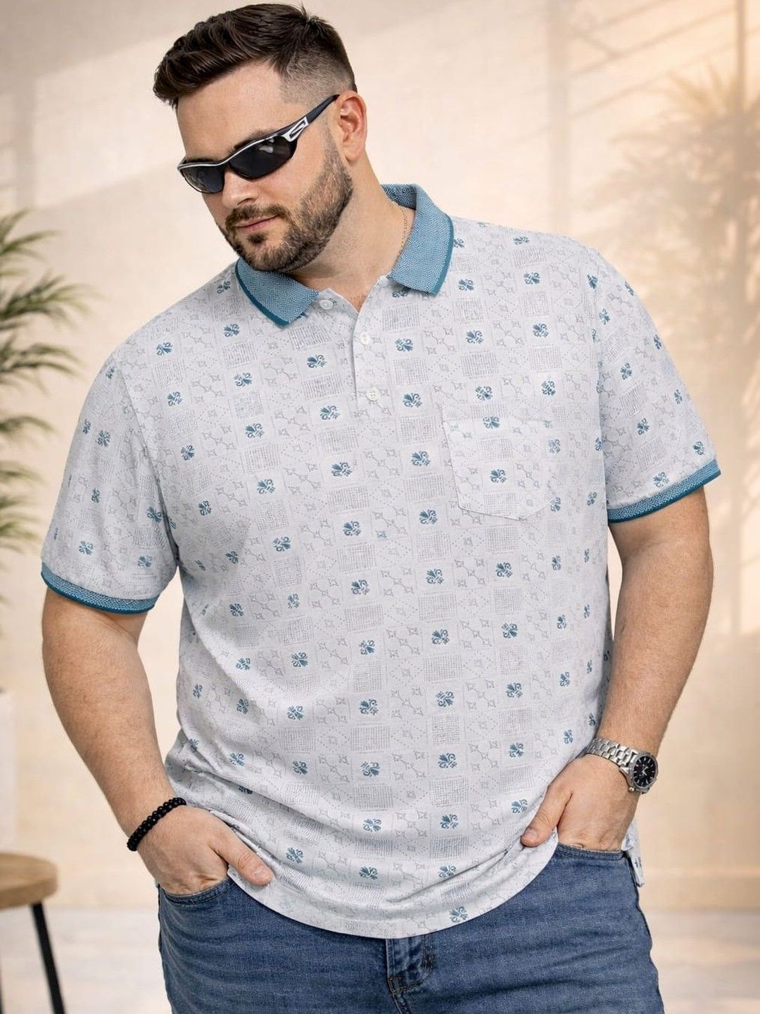 AUSTIVO Men Printed Polo Collar Pockets T-shirt
