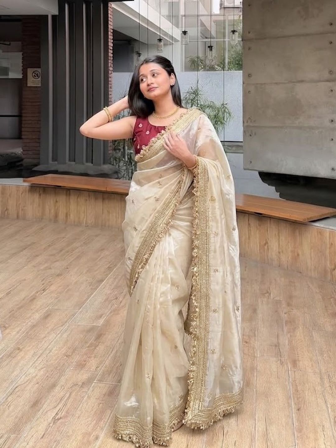VRAGI Embellished Embroidered Satin Heavy Work Saree