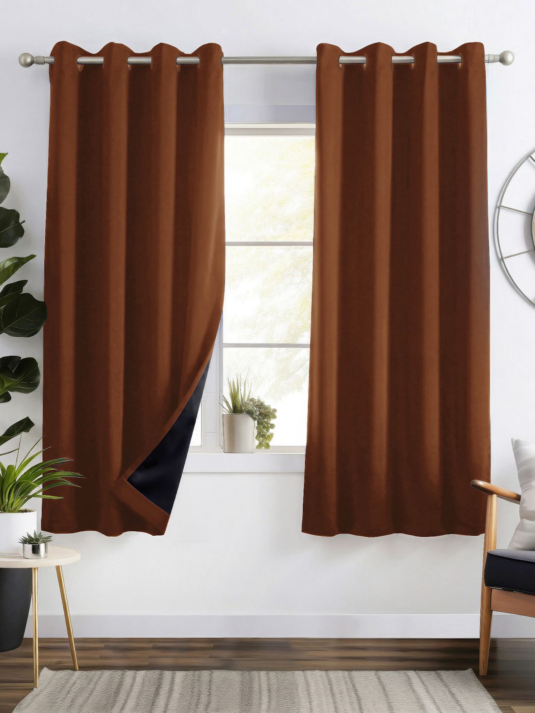 Story@home Story@Home Faux Silk Solid Solid 300GSM Brown Room Darkening Blackout Window Curtain - Set of 2