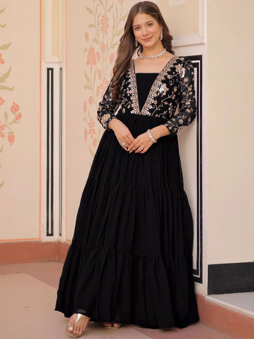 LAZZLY Embroidered V-Neck Maxi Ethnic Dresses