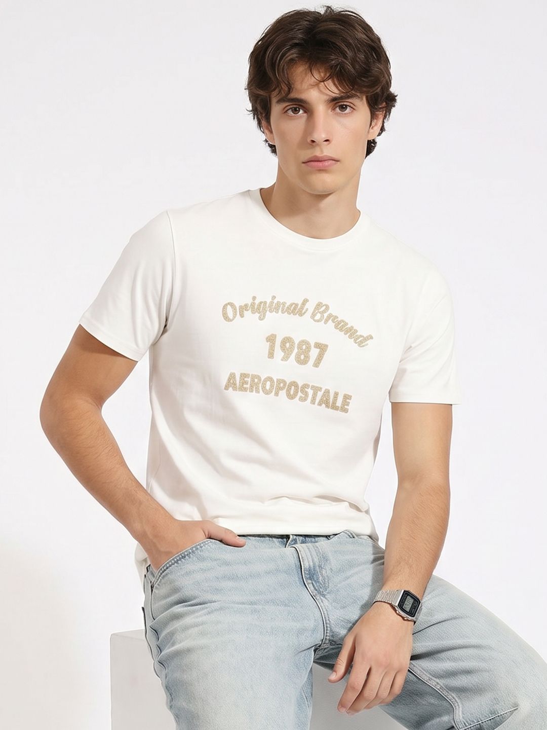 Aeropostale Brand Logo Embroidered Pure Cotton T-Shirt