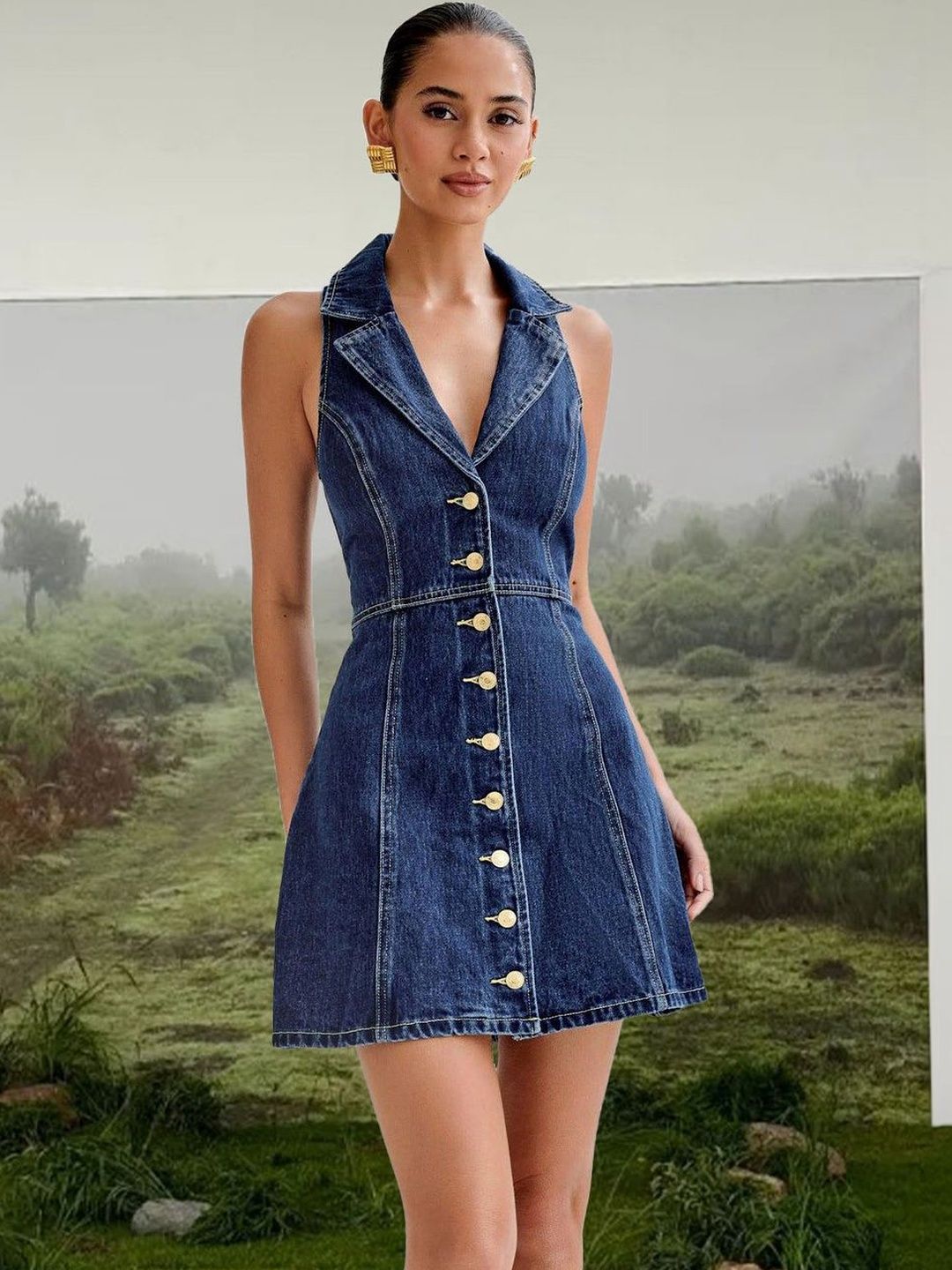 Buy bebe Notched Lapel Collar Denim Fit & Flare Mini Dress
