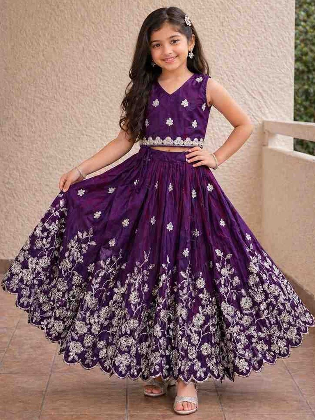 Sangria Embroidered V-Neck Flared Lehenga Choli