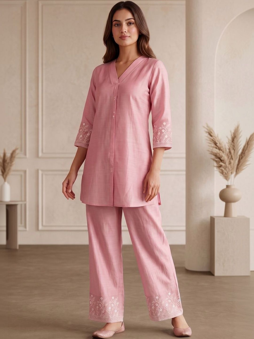 OLIVE SAGE Embroidered Tunic with Trousers