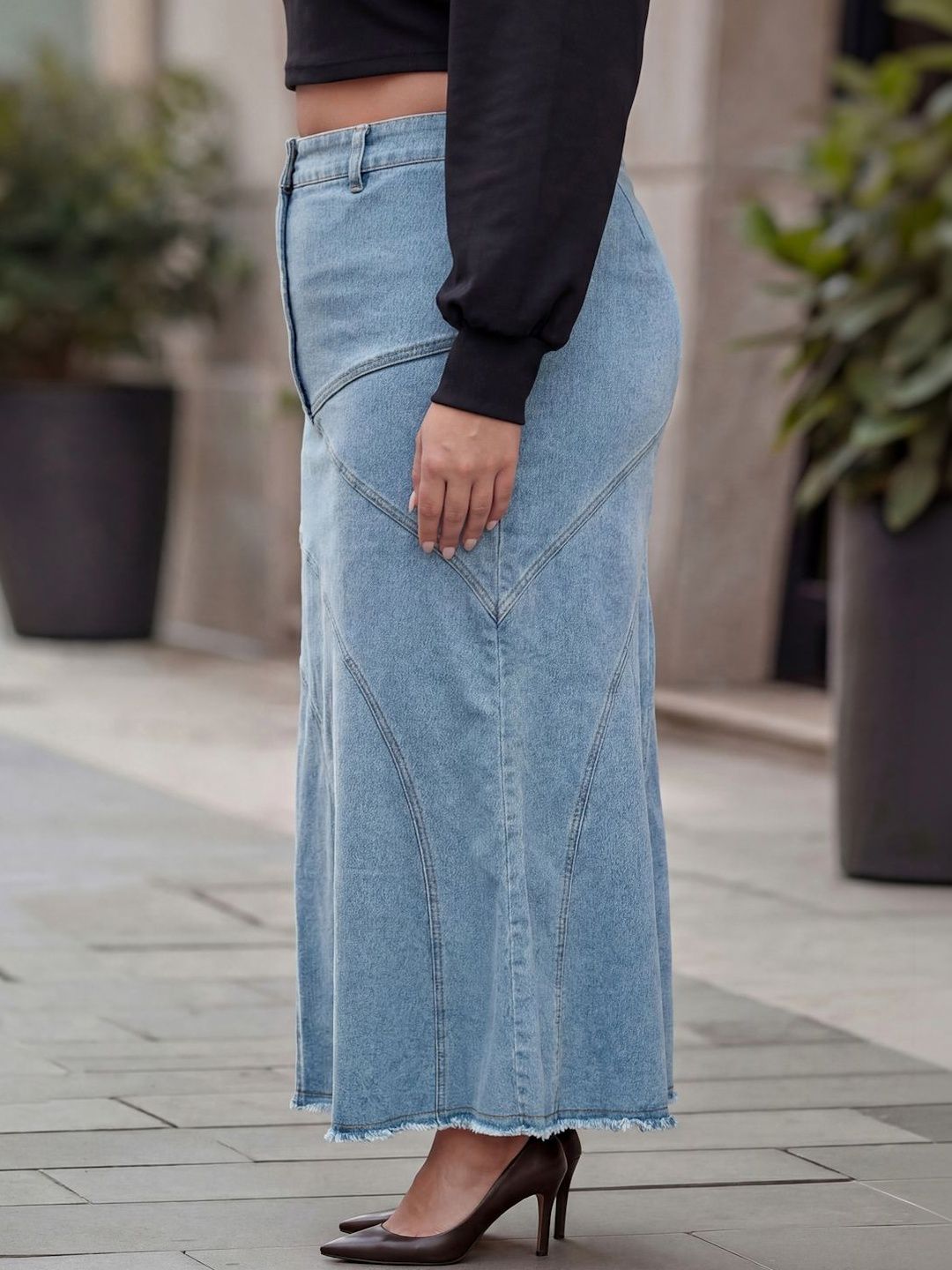 Buy plusS Women Denim Frayed Denim Maxi Trumpet Skirt - Skirts for
