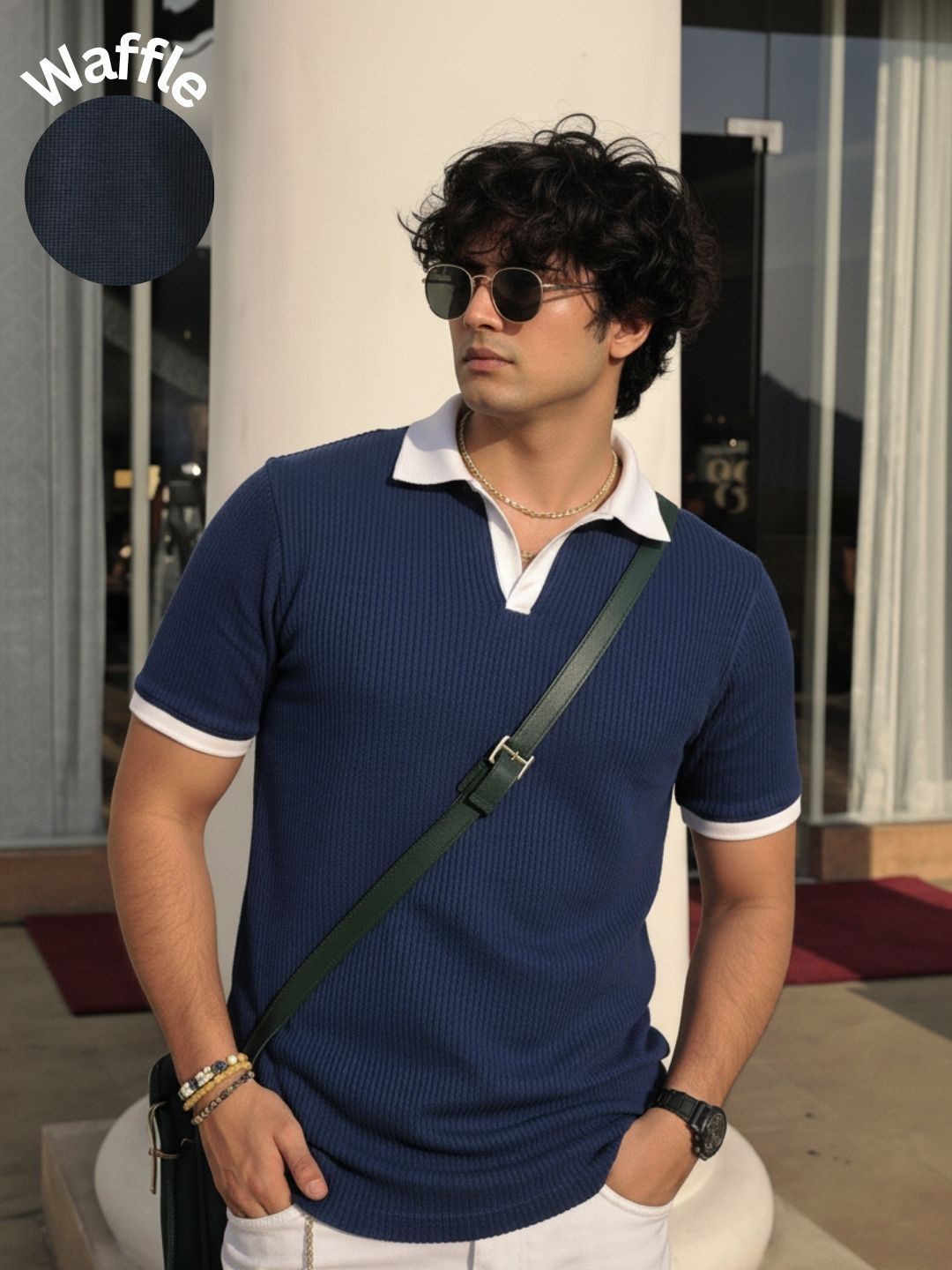 Rigo Men Navy Blue Self-Textured Waffle Contrast Collar Half Sleeve Polo T-Shirt