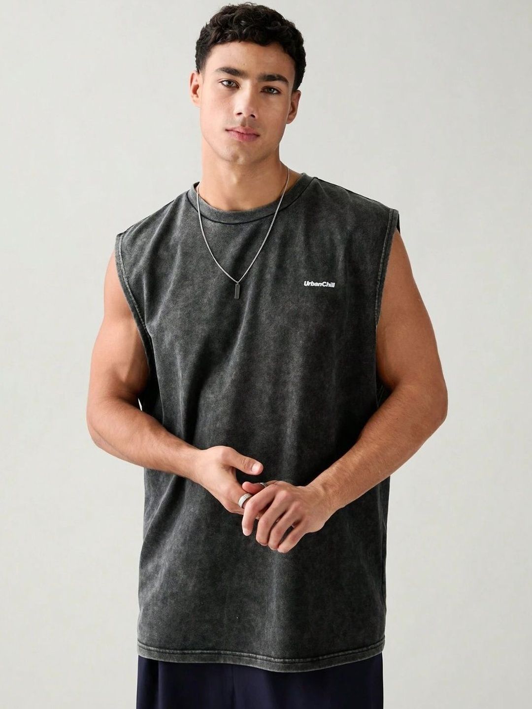 Cloth N code Men Printed Baggy Fit Acid Wash Typography Tank Top