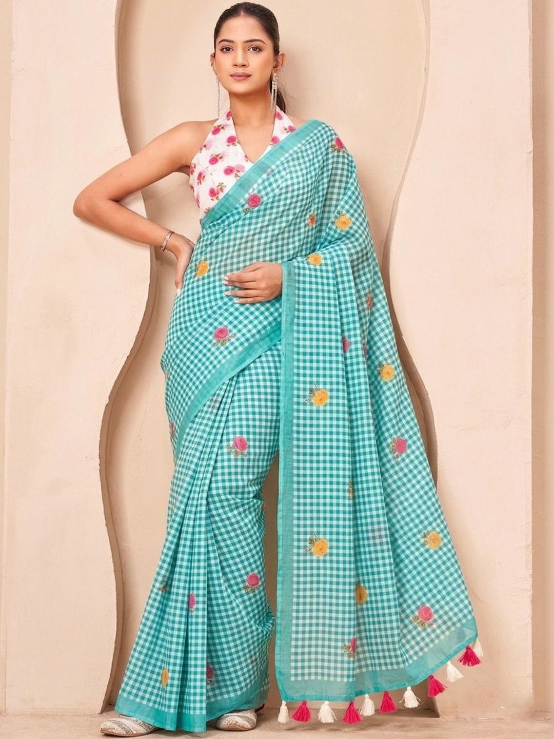 SANJANA  SILK SANJANA SILK Floral Checked Woven Design Border Saree