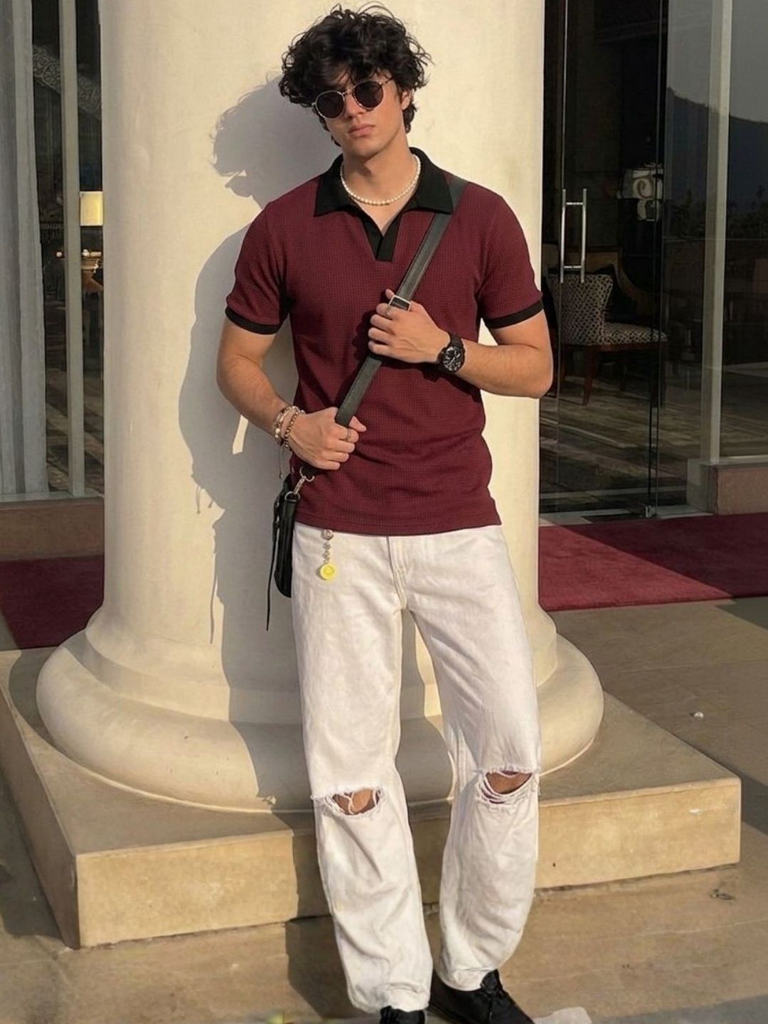 Rigo Men Wine Self-Textured Waffle Contrast Collar Half Sleeve Polo T-Shirt