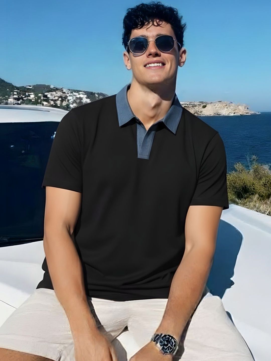 Rigo Men Black Solid Regular Fit Denim Collar Detail Half sleeve Polo T-Shirt