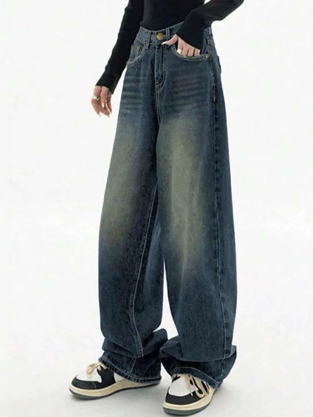 A1TUFF A1TUFF Women Comfort Wide Leg High-Rise Light Fade Acid Wash Stretchable Jeans
