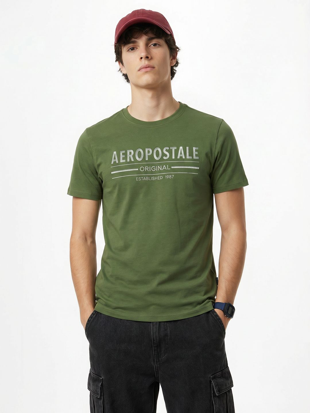 Aeropostale Brand Logo Embroidered Pure Cotton T-Shirt