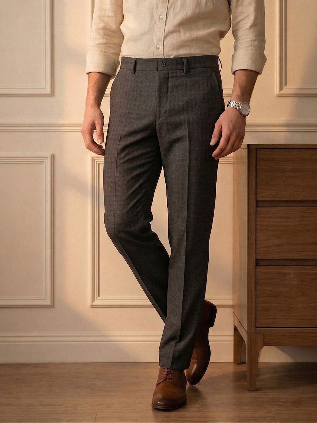 Louis Philippe Louis Philippe Men Slim Fit Textured Everyday Wear Comfort Stretch Formal Trouser
