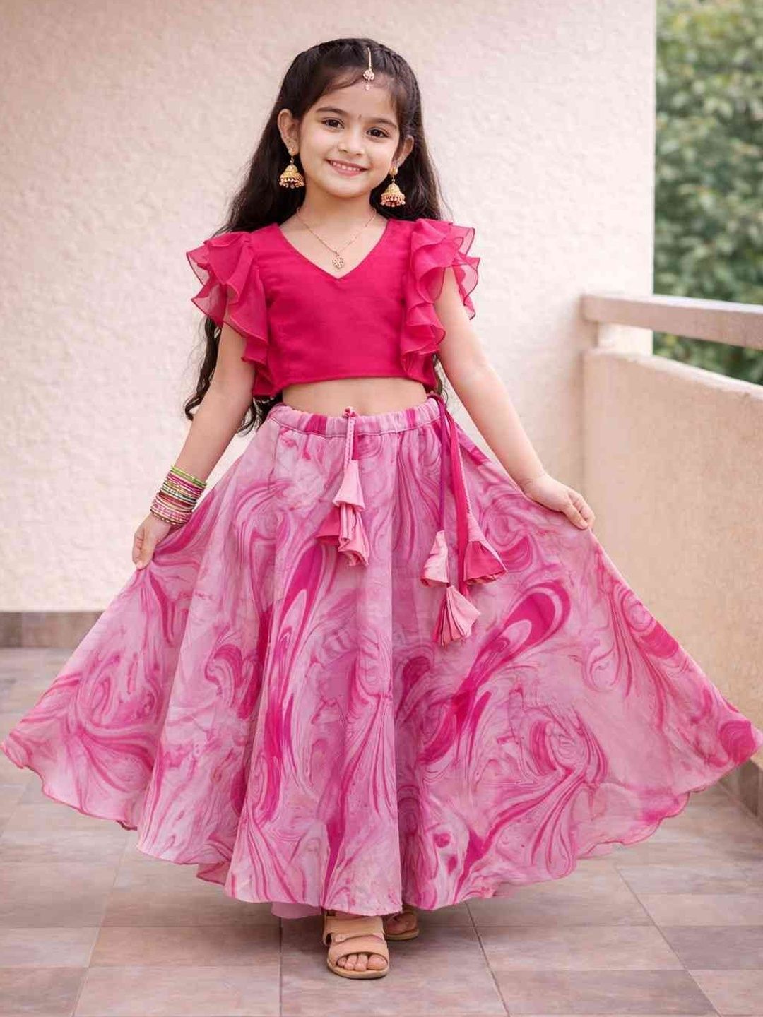 Sangria Printed Poly  V-Neck Flared Lehenga Choli