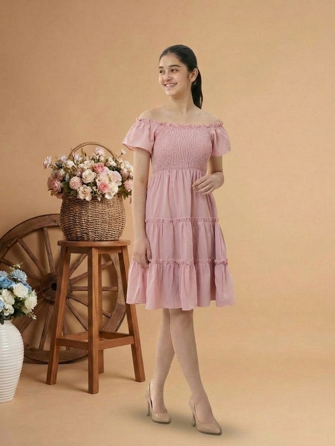 slim fit dress slacks Border Print Blue Floral Smocked Dress main image 1