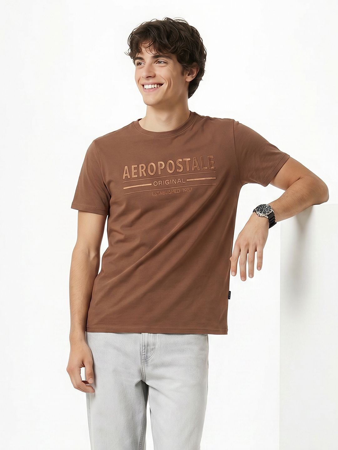 Aeropostale Brand Logo Embroidered Pure Cotton T-Shirt