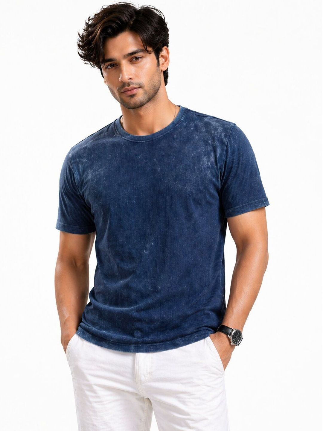 Mentor Men Self Design Round Neck Cotton T-shirt