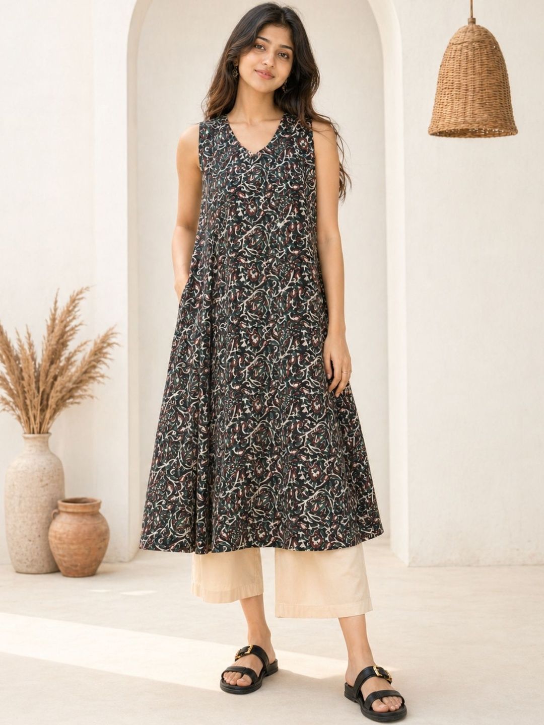 Sangria Printed Cotton V-Neck Calf Length A-Line Kurtas