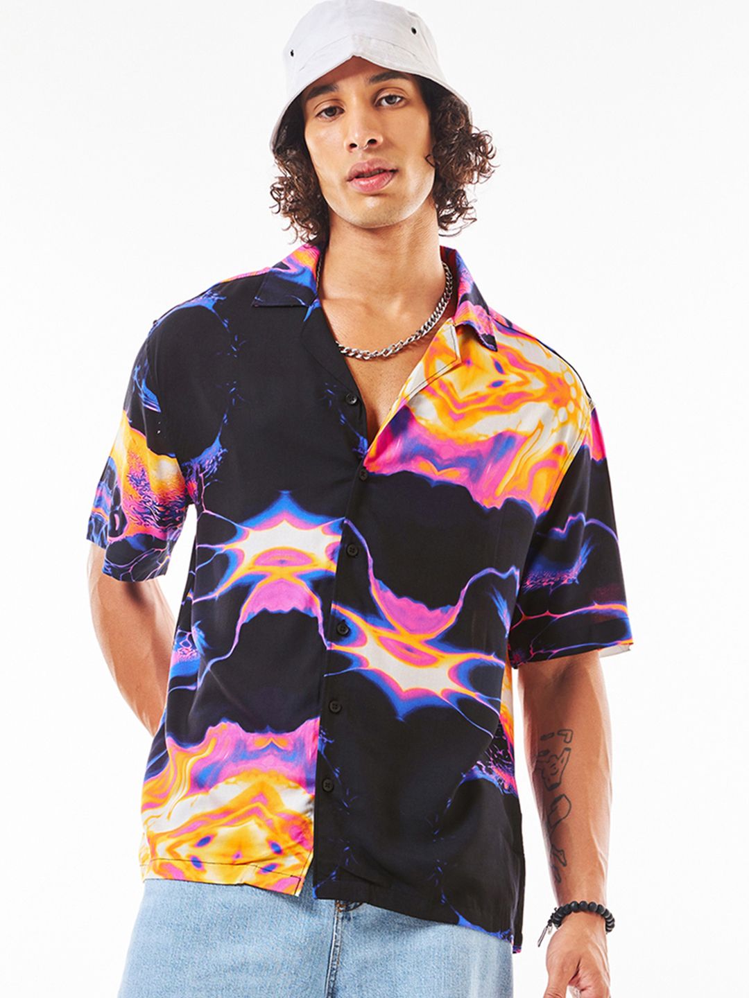 Bewakoof Men's Black All Over Printed Oversized Shirt