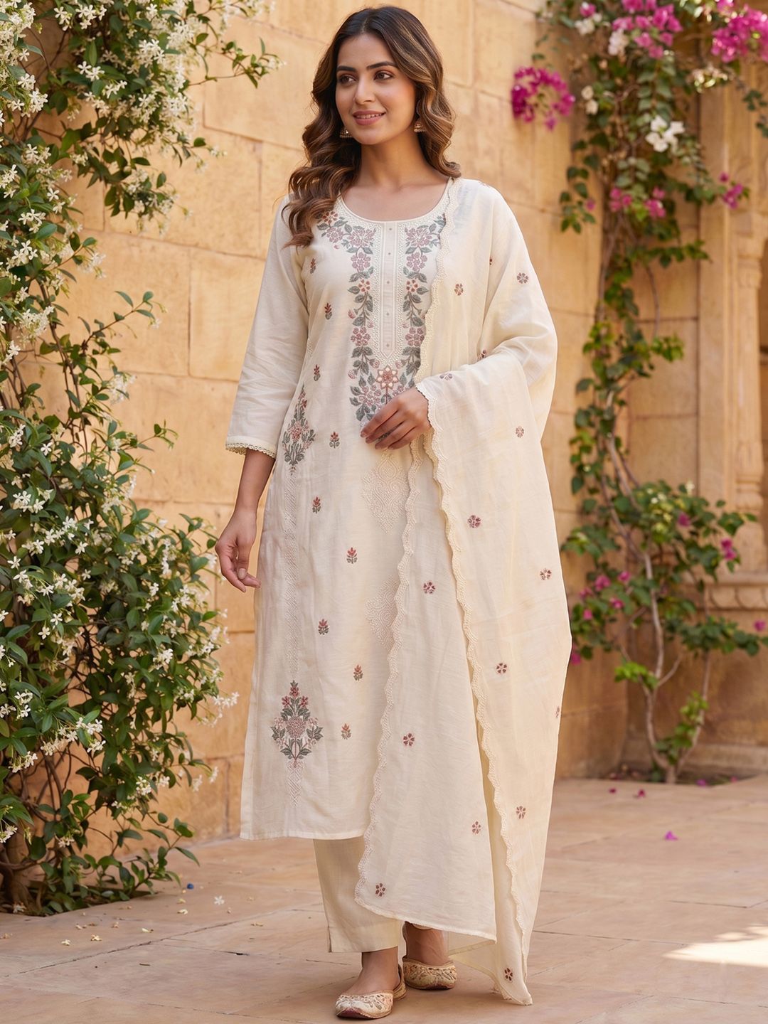 Embroidered Kurta set Inddus Floral Embroidered Thread Work Chanderi Cotton Kurta with Trousers & With Dupatta