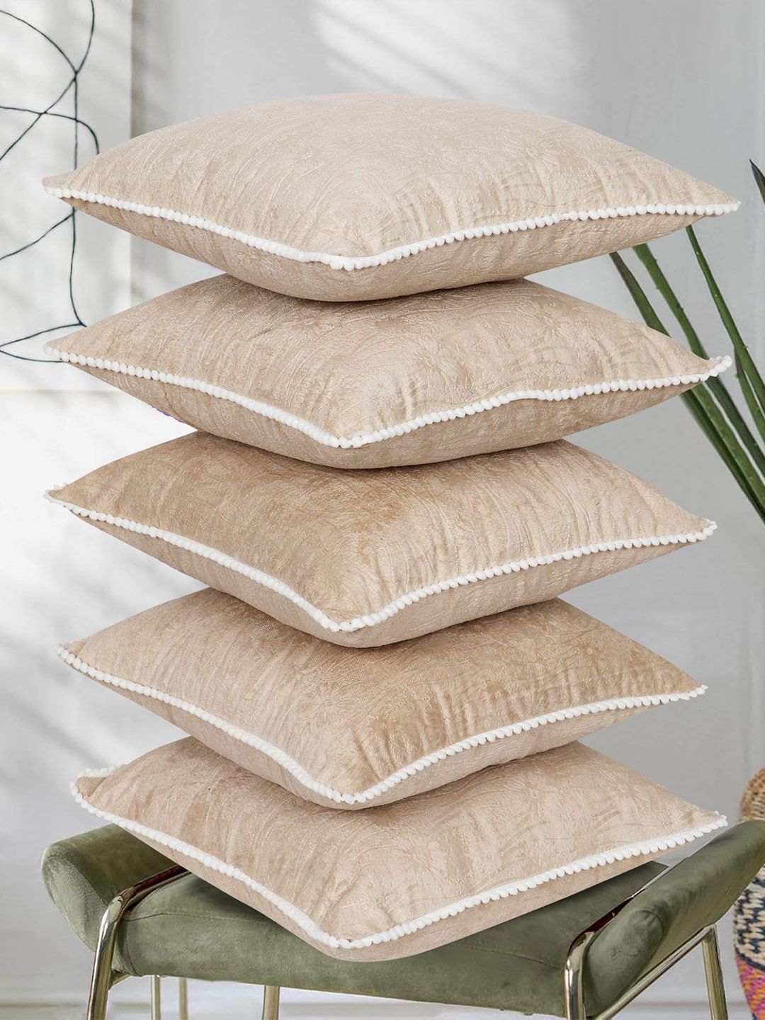 RD TREND Light-Beige Set of 5 Square Velvet Cushion Covers With Pom Pom 16x16 inch