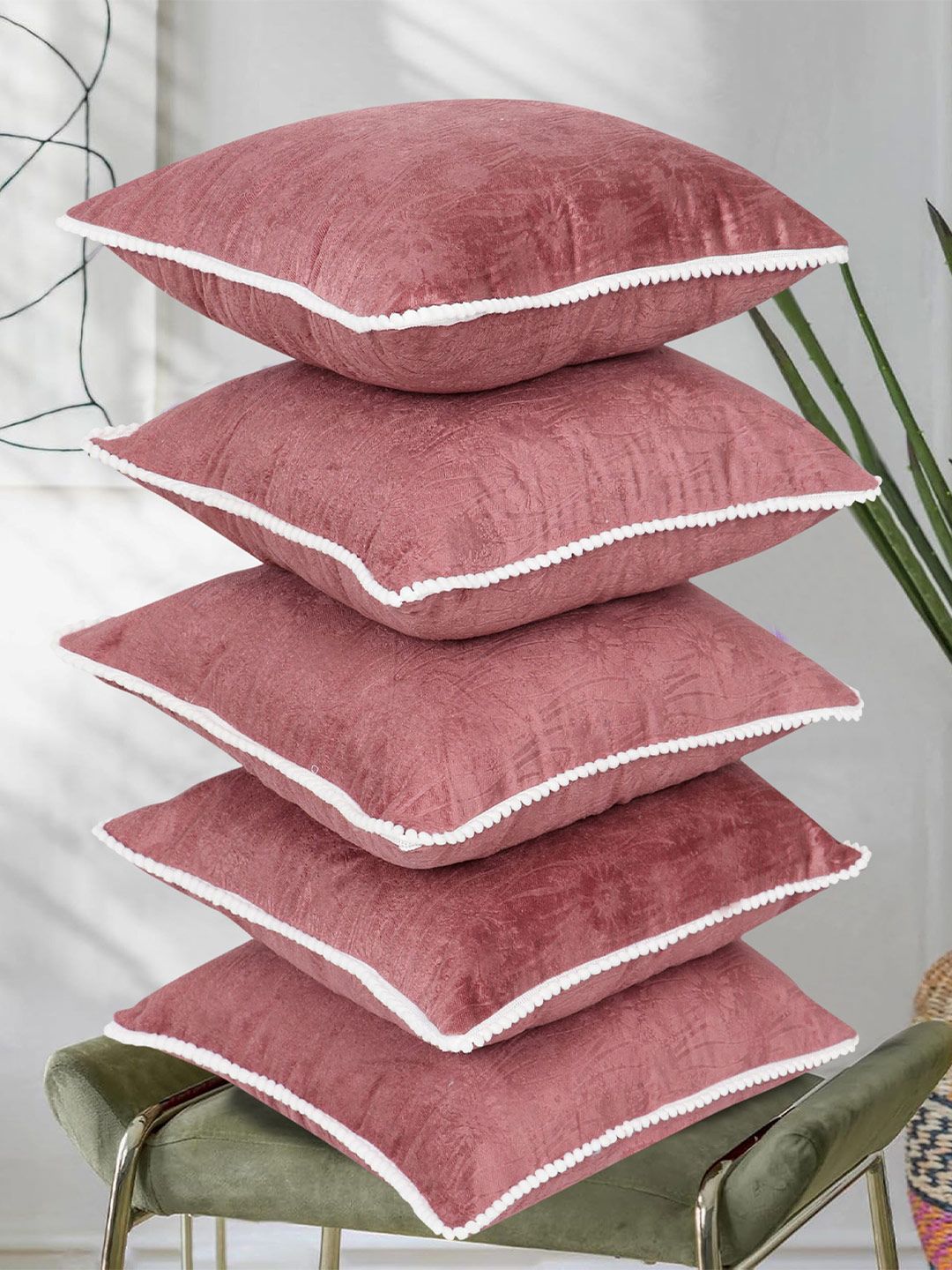 RD TREND RD TREND Dusky-Pink Set of 5 Square Velvet Cushion Covers With Pom Pom 16x16 inch