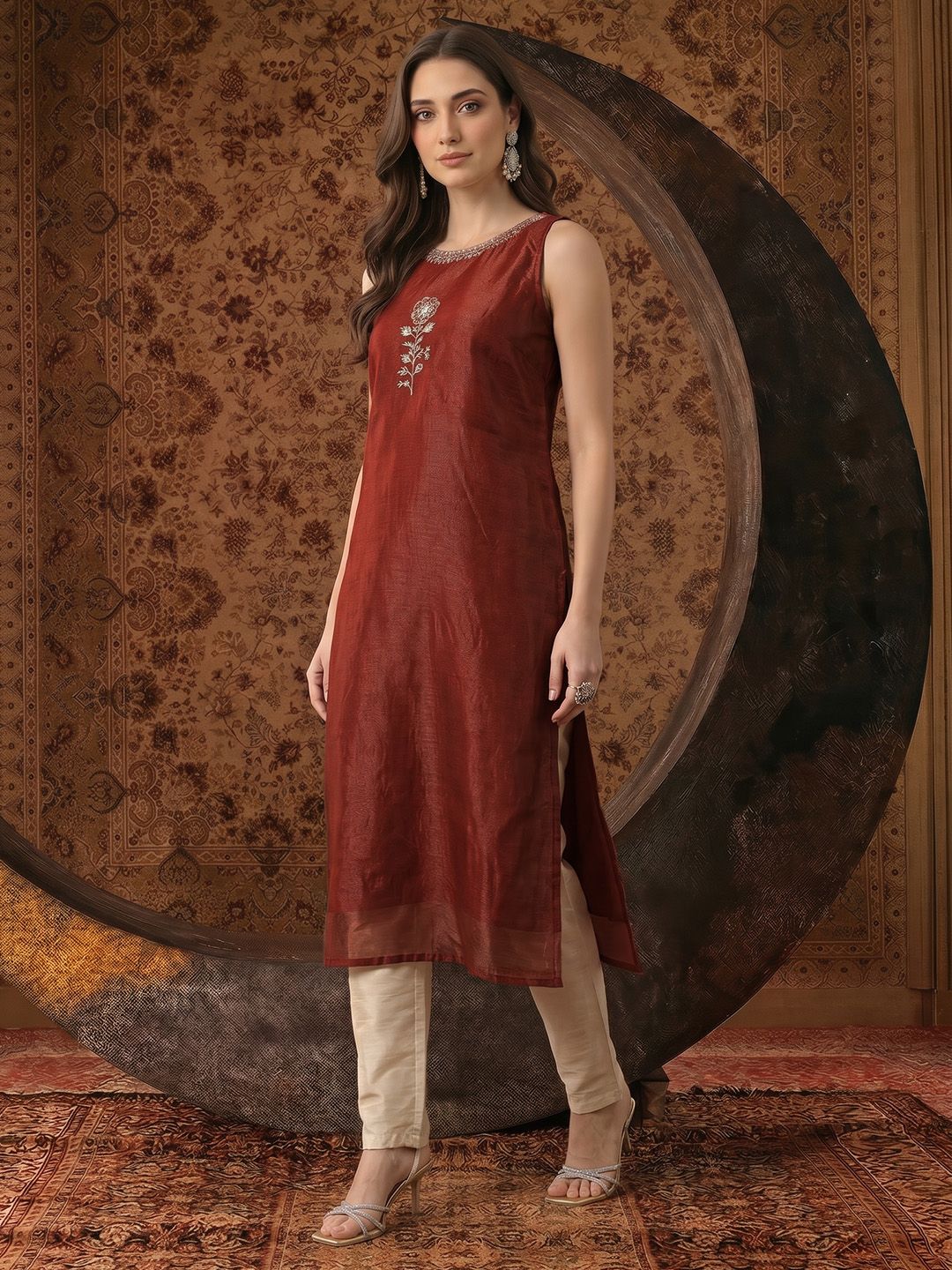 House of Pataudi Floral Embroidered Sequinned Rozana Straight Kurta