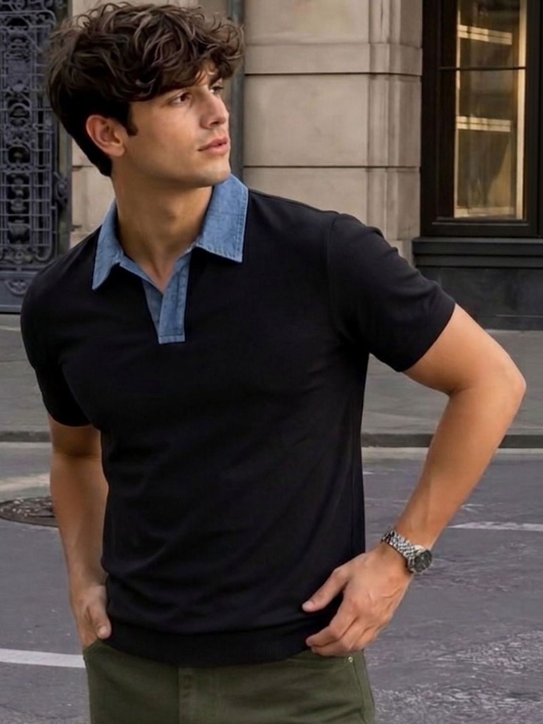 Metronaut Rigo Men Black Solid Regular Fit Denim Collar Detail Half sleeve Polo T-Shirt