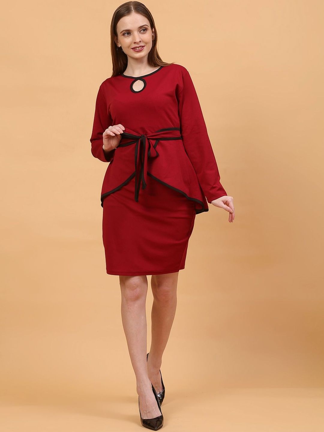 strapless open back dress Maroon Embellished Fitted Short Dress main image 1