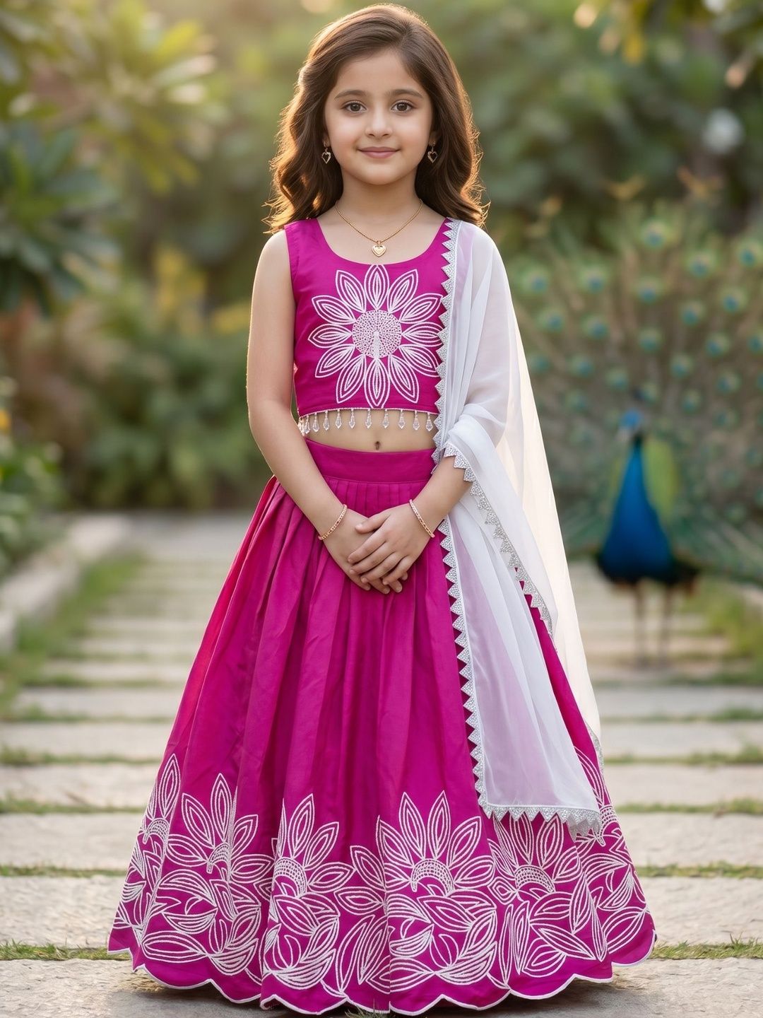 KALINI Girls Embroidered Thread Work Semi-Stitched Lehenga & Blouse With Dupatta