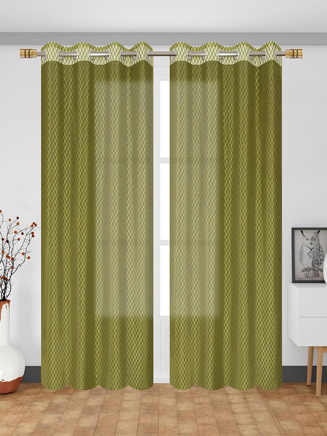 YUKANY Green Set of 2 Geometric Sheer Window Curtain