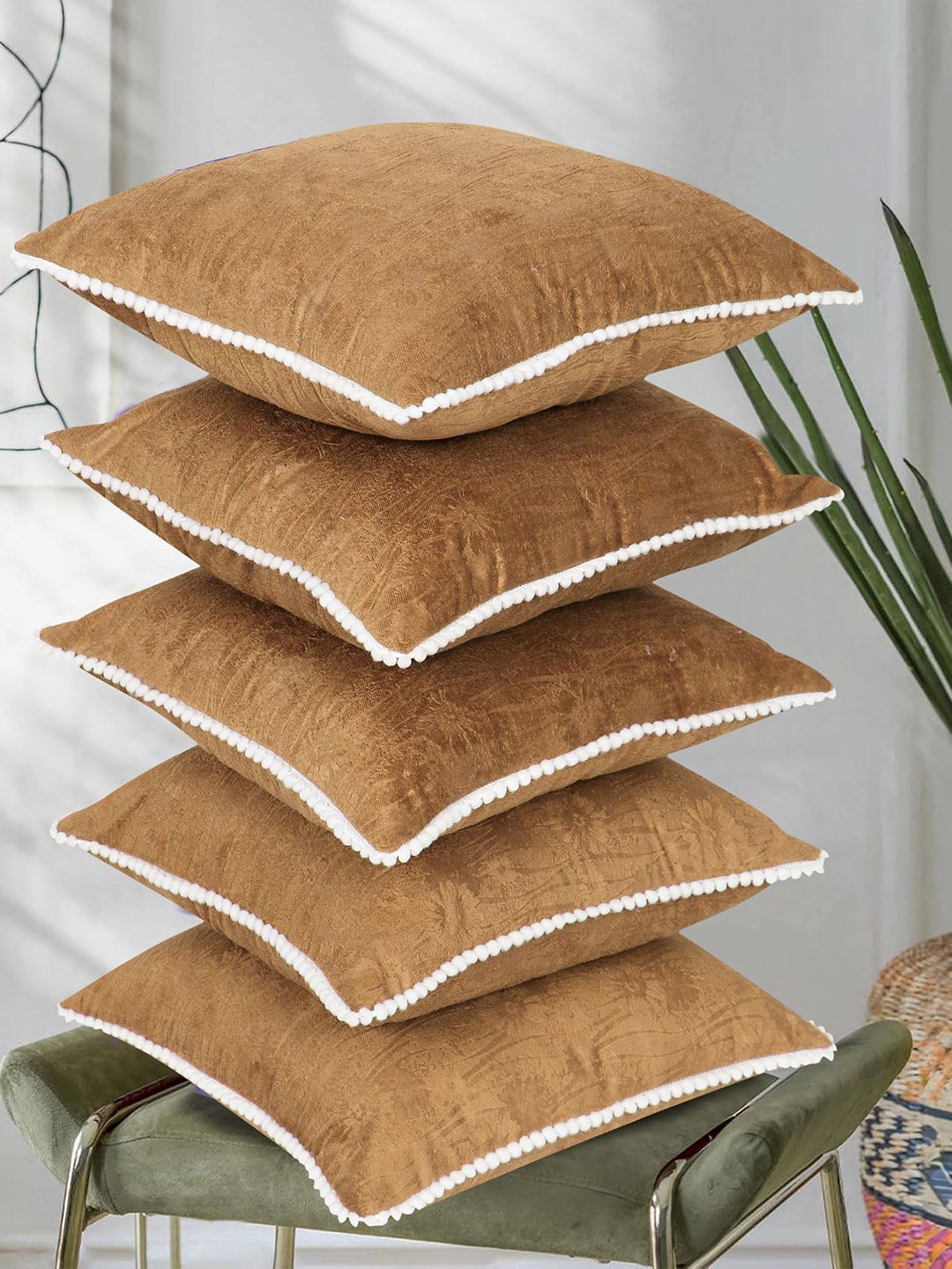 RD TREND Beige-Gold Set of 5 Square Velvet Cushion Covers With Pom Pom 16x16 inch