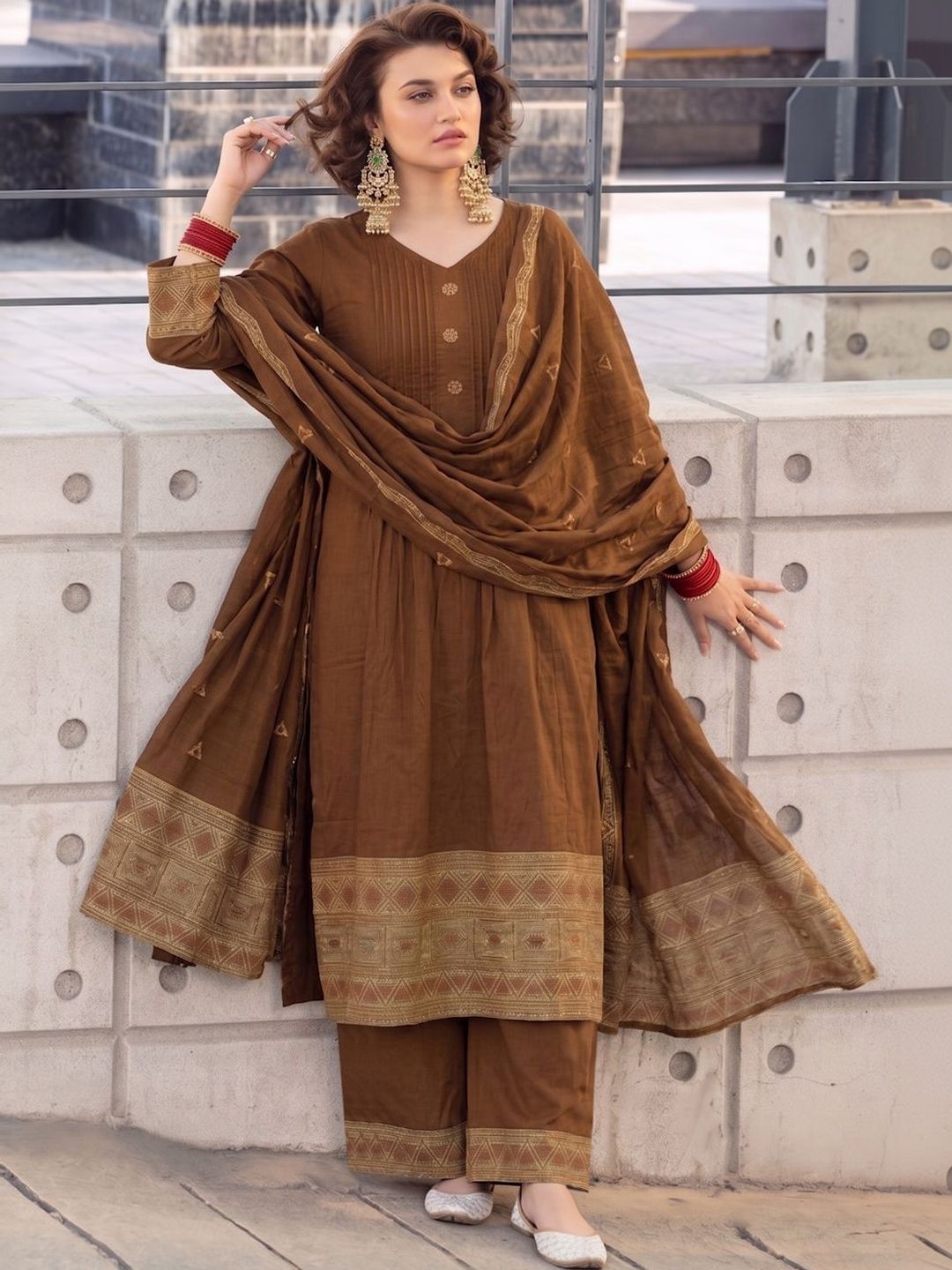 SZN Women Ethnic Motifs Pleated Kurta with Palazzos & With Dupatta