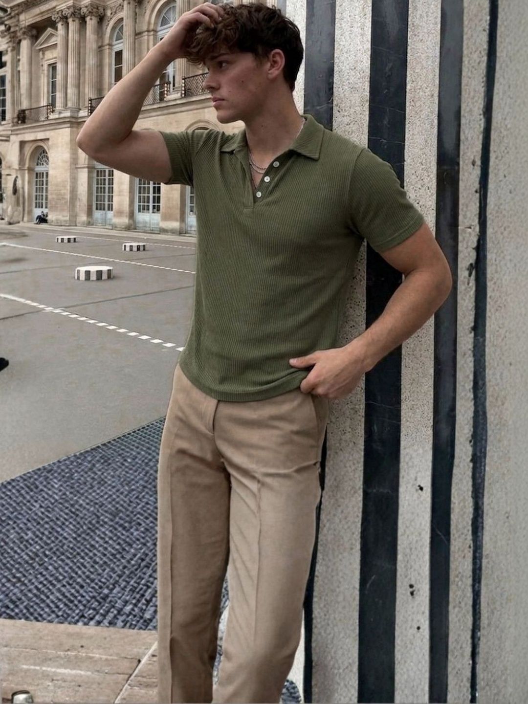 Mast & Harbour Rigo Men Army Green Self-Textured Polycorduroy Cut Away Collar Half Sleeve Polo T-Shirt