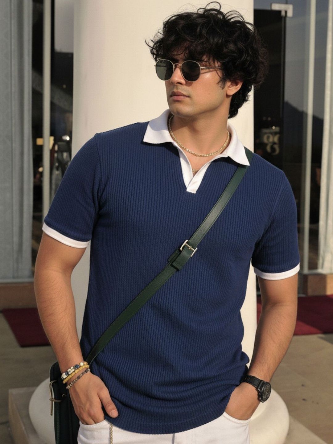 Mast & Harbour Rigo Men Navy Blue Self-Textured Waffle Contrast Collar Half Sleeve Polo T-Shirt
