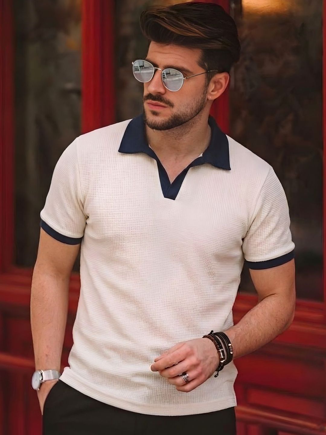 HERE&NOW Rigo Men Off-White Self-Textured Waffle Contrast Collar Half Sleeve Polo T-Shirt