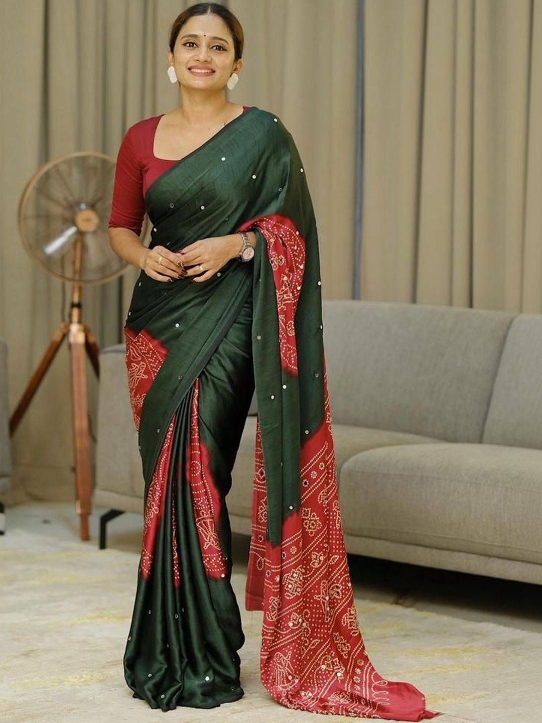 STAVA CREATION Ethnic Motifs Mirror Work Block Print Saree