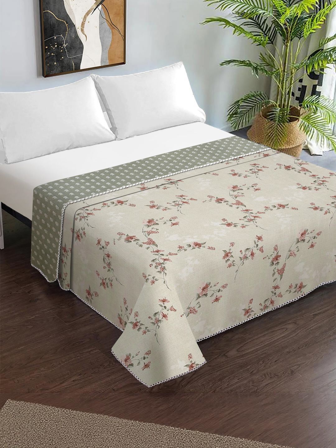 KLOTTHE KLOTTHE Green& Beige Floral Printed Lightweight 150 GSM Double Bed Dohar