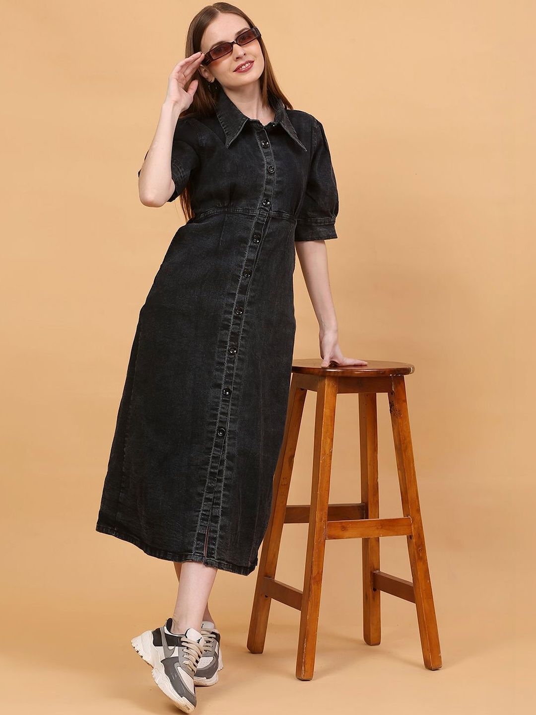 SOFTEN Puff Sleeve Shirt Midi Dress