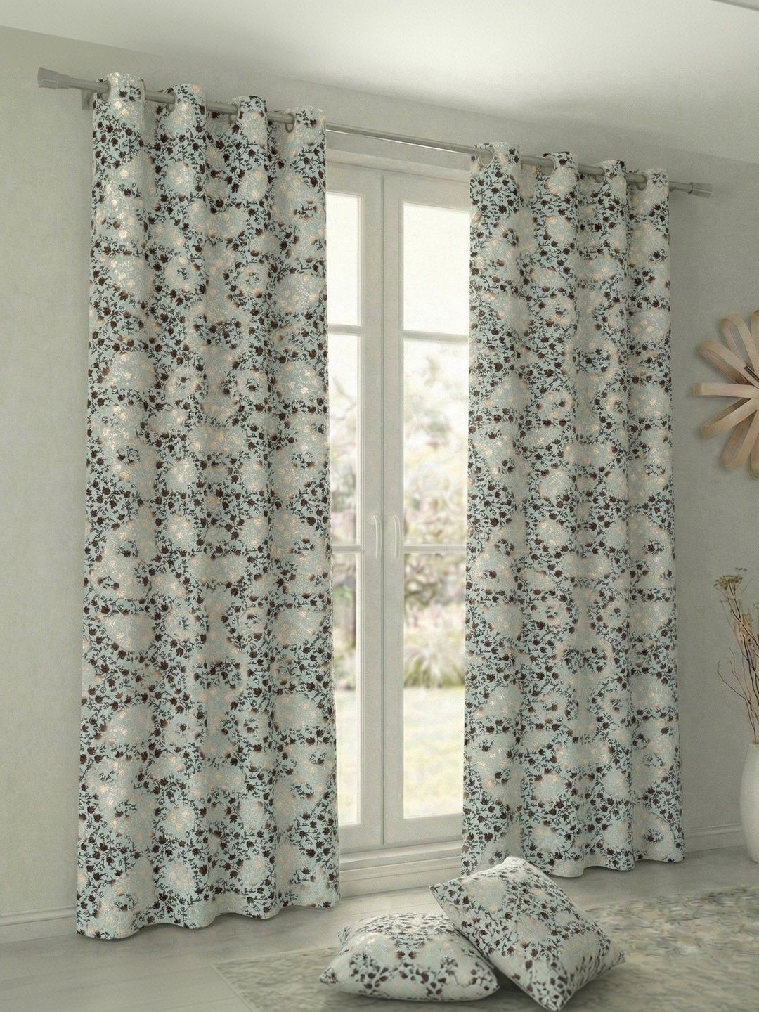 Home Spark Turquoise Blue Set of 2 Floral Room Darkening Door Curtain
