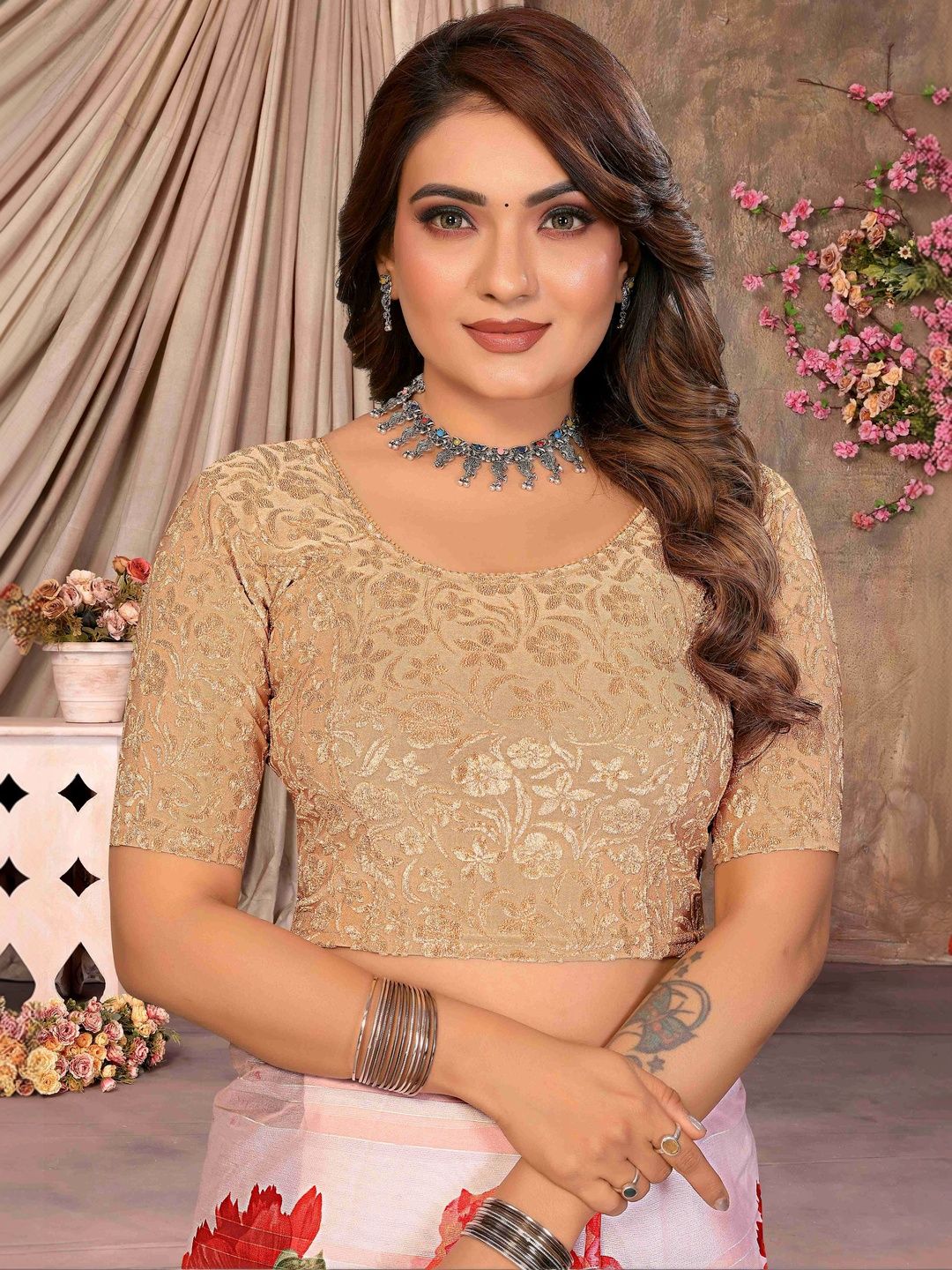 B.TEX FASHION B.TEX FASHION Velvet Embroidered Thread Work Saree Blouse