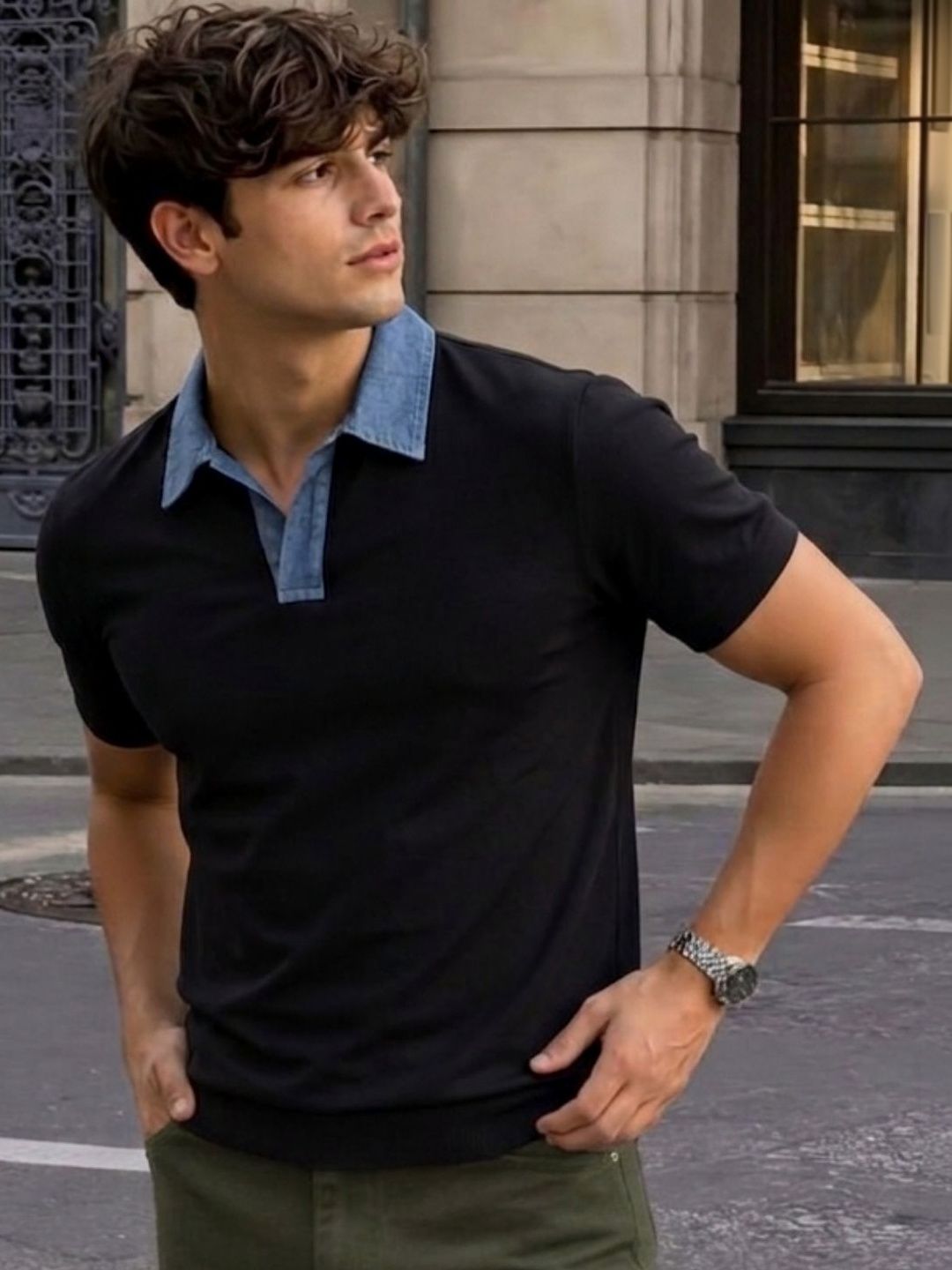 Mast & Harbour Rigo Men Black Solid Regular Fit Denim Collar Detail Half sleeve Polo T-Shirt