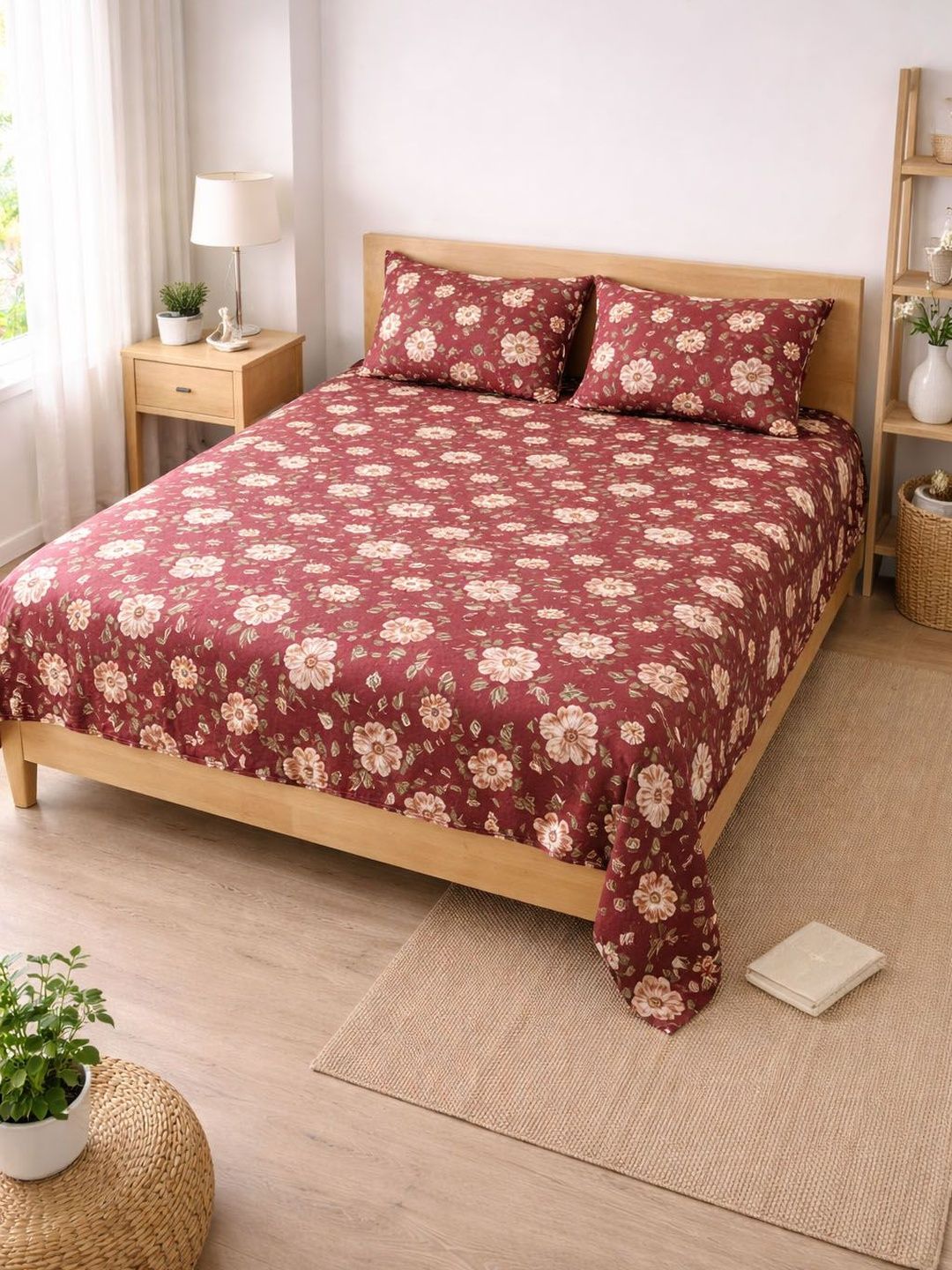 AAZEEM AAZEEM Maroon Floral 160 TC Double Bedsheet with 2 Pillow Covers