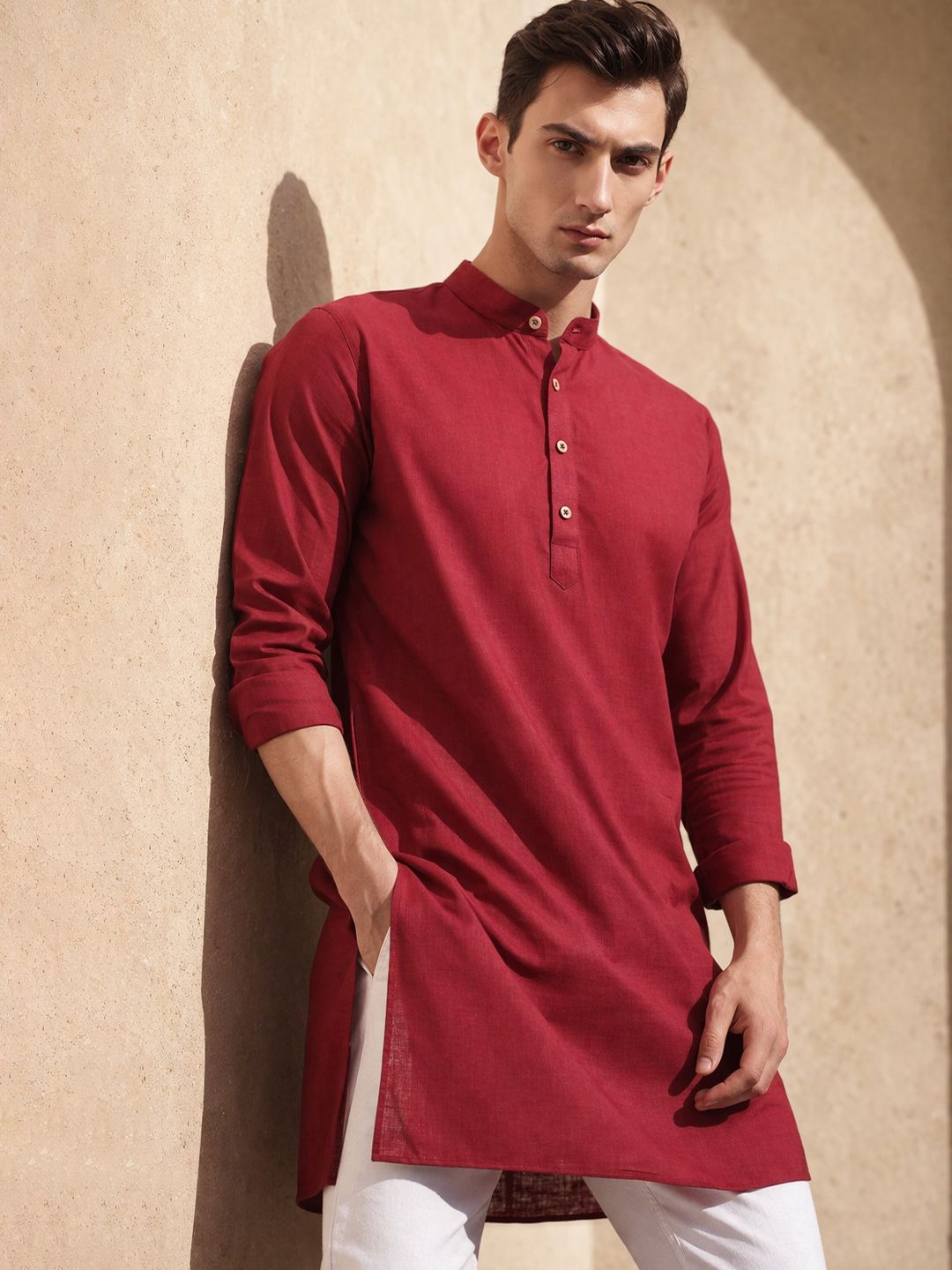 TATTVA Men Band Collar Straight Cotton Kurta