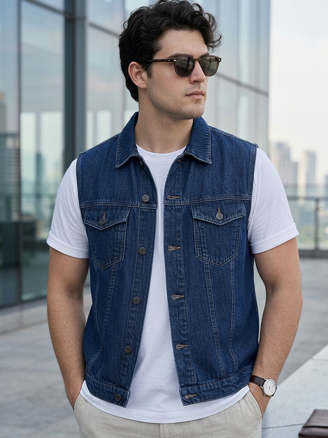 Urbano Fashion Men Regular Fit Washed Sleeveless Denim Jacket