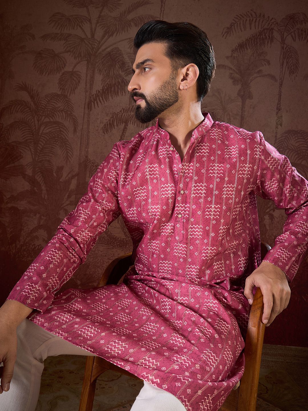 House of Pataudi Printed Mandarin Collar Knee Length Straight Kurta
