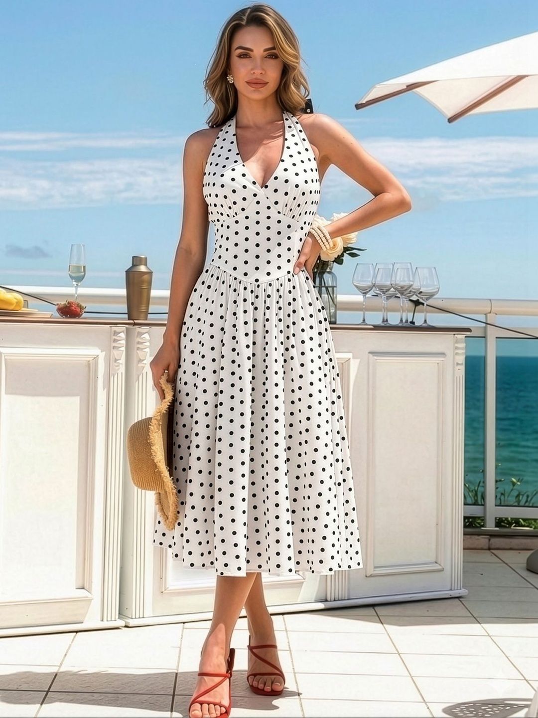 AAHWAN Polka Dot Print Halter Neck A-Line Midi Dress
