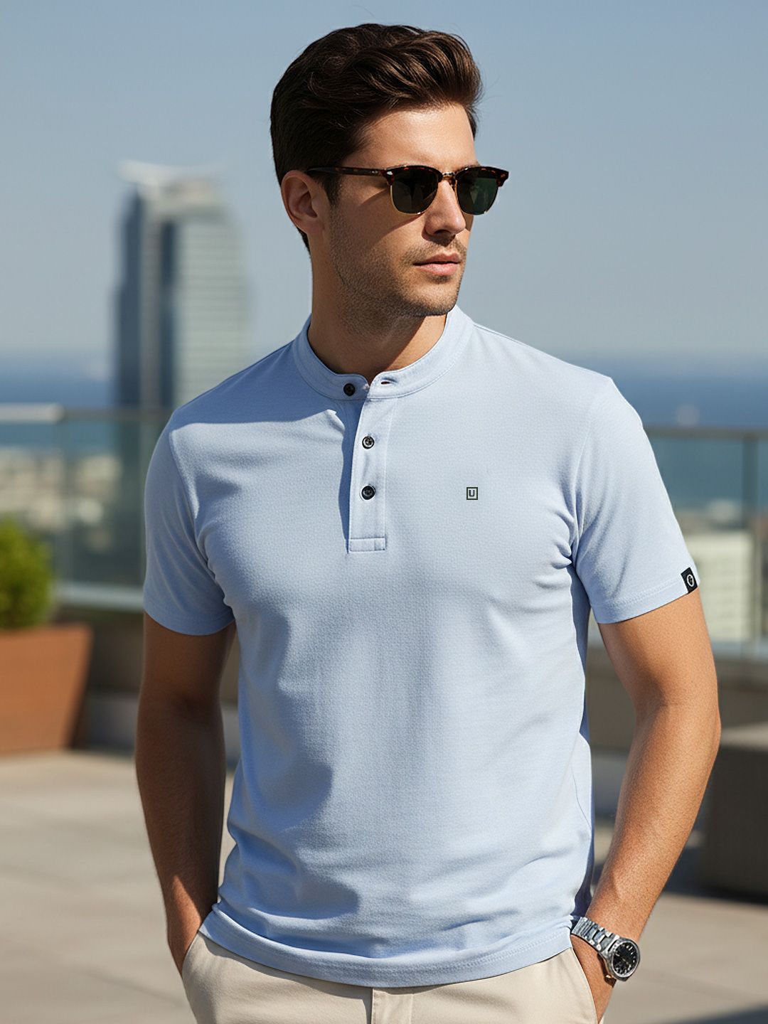 Urbano Fashion Mandarin Collar Slim Fit Pure Cotton T-shirt