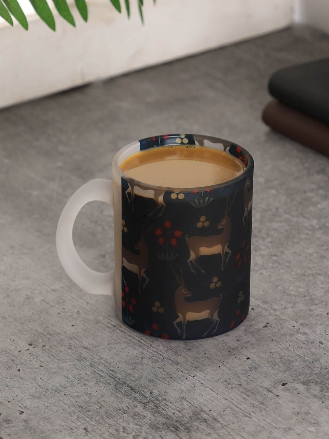 PENTADECO Navy Blue Floral Printed Glass Matte Mugs Set of Cups and Mugs