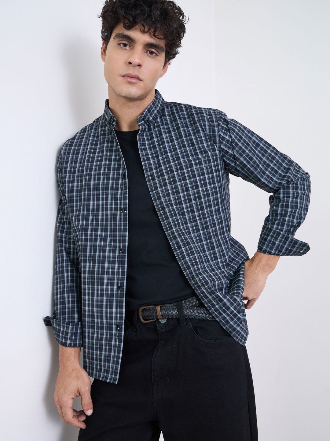 Styli Men Checked Button-Down Collar Full Sleeves Regular Fit Shirt